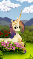 Size: 450x800 | Tagged: safe, artist:livitoza, derpibooru import, oc, oc:queen galaxia, unofficial characters only, alicorn, pony, 's parents, alicorn oc, celestia and luna's mother, ethereal mane, female, flower, horn, jewelry, long horn, mare, mother, peytral, prone, regalia, scenery, smiling, solo, starry mane, tiara, wings