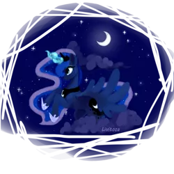 Size: 600x600 | Tagged: safe, artist:livitoza, derpibooru import, princess luna, alicorn, pony, abstract background, cloud, female, glowing horn, horn, jewelry, mare, moon, rearing, regalia, smiling, solo, spread wings, starry night, stars, wings