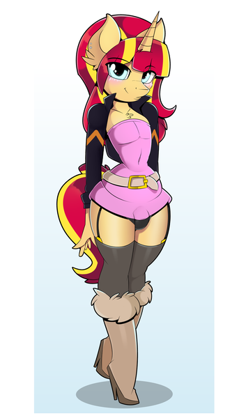 Size: 1200x2040 | Tagged: suggestive, artist:xorza, derpibooru import, sunset shimmer, anthro, unicorn, belt, blushing, boots, chest fluff, clothes, crossdressing, crotch bulge, ear piercing, femboy, garter belt, high heel boots, high res, jacket, looking at you, male, piercing, rule 63, sexy, shoes, simple background, smiling, socks, solo, solo male, stallion, sunset glare, thigh highs, trap, underwear, white background