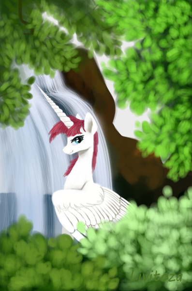 Size: 450x680 | Tagged: safe, artist:livitoza, derpibooru import, oc, oc:fausticorn, ponified, unofficial characters only, alicorn, pony, female, horn, leaves, long horn, looking at you, mare, smiling, solo, waterfall