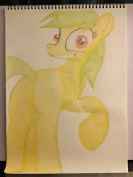 Size: 3024x4032 | Tagged: safe, derpibooru import, rainbow dash, pegasus, pony, rarity investigates, behind, butt, colored pencil drawing, eye, eyes, green hair, hooves, legs, plot, raised hoof, smiling, solo, tail, traditional art