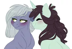 Size: 4500x3038 | Tagged: safe, artist:azure-art-wave, derpibooru import, limestone pie, sprout greenhoof, earth pony, pony, unicorn, blushing, crack shipping, eyes closed, female, las pegasus resident, lesbian, limesprout, limetsun pie, looking away, mare, shipping, simple background, tsundere, white background