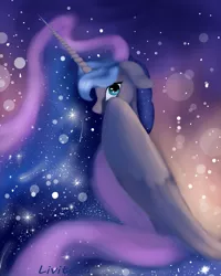 Size: 2322x2900 | Tagged: safe, artist:livitoza, derpibooru import, princess luna, alicorn, pony, covering, ethereal mane, eye reflection, female, floppy ears, galaxy mane, looking at you, mare, missing accessory, reflection, shooting star, smiling, solo, starry mane, wing covering