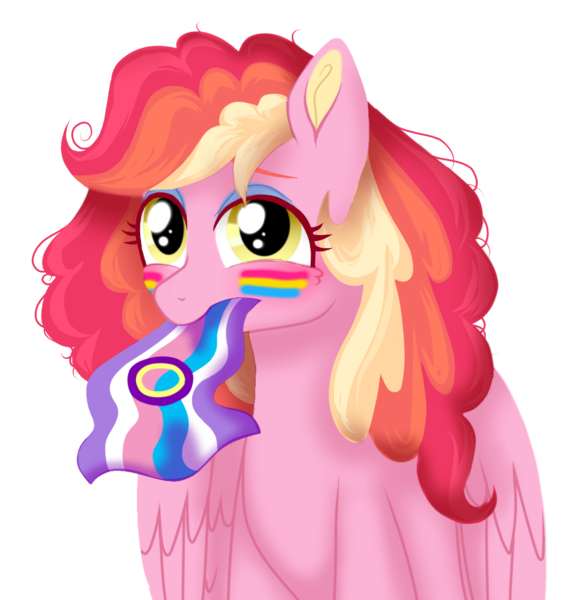 Size: 1221x1279 | Tagged: safe, artist:unoriginai, derpibooru import, oc, oc:sugar crash, pegasus, pony, cute, flag, intersex, magical lesbian spawn, offspring, pansexual, pansexual pride flag, parent:pinkie pie, parent:rainbow dash, parents:pinkiedash, pride, pride flag, pride month