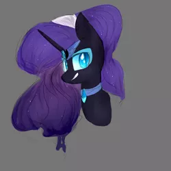 Size: 1024x1024 | Tagged: safe, artist:yeeegorka, derpibooru import, nightmare rarity, pony, unicorn, bust, disembodied head, ethereal mane, female, gray background, head, jewelry, looking at you, mare, redraw, regalia, sidemouth, simple background, smiling, solo, starry mane