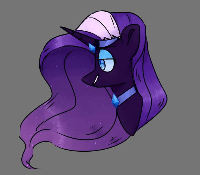 Size: 1280x1123 | Tagged: safe, artist:yeeegorka, derpibooru import, nightmare rarity, pony, unicorn, bust, disembodied head, ethereal mane, female, gray background, head, jewelry, lidded eyes, mare, redraw, regalia, sidemouth, simple background, smiling, solo, starry mane