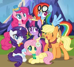 Size: 1280x1161 | Tagged: safe, artist:xxmaikhanhflarexx, derpibooru import, applejack, fluttershy, pinkie pie, rainbow dash, rarity, twilight sparkle, twilight sparkle (alicorn), alicorn, earth pony, pegasus, pony, unicorn, alternate hairstyle, base used, big crown thingy, element of magic, flower, flower in hair, goggles, hat, jewelry, mane six, mane six opening poses, older, one eye closed, prone, regalia, wink