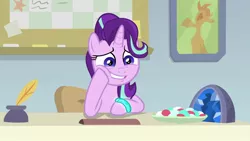 Size: 1920x1080 | Tagged: safe, derpibooru import, screencap, starlight glimmer, pony, unicorn, student counsel, bracelet, candy, female, food, geode, inkwell, jewelry, mare, solo, starlight glimmer is best facemaker, starlight's bracelet, starlight's hoofband