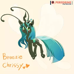 Size: 1000x1000 | Tagged: artist:phoenixperegrine, breezie, breeziefied, changeling, changeling queen, cute, cutealis, derpibooru import, female, heart, orange background, patreon, patreon logo, queen chrysalis, safe, simple background, smiling, solo, species swap