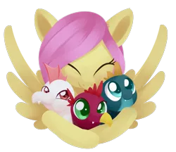 Size: 2007x1734 | Tagged: safe, artist:dusthiel, derpibooru import, baby cinder, baby rubble, baby sparks, fluttershy, dragon, pegasus, pony, sweet and smoky, baby, baby dragon, colored pupils, cute, eyes closed, female, hug, mare, shyabetes, simple background, smiling, transparent background