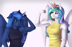 Size: 1914x1261 | Tagged: alicorn, anthro, armpits, artist:fairdahlia, clothes, derpibooru import, duo, female, flexing, mare, muscles, princess celestia, princess luna, princess musclestia, royal sisters, safe, sibling rivalry, siblings, simple background, sisters, smiling, tanktop, trembling, vein, white background