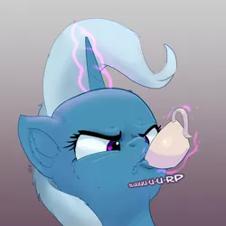 Size: 2170x2170 | Tagged: safe, artist:xbi, derpibooru import, trixie, pony, unicorn, student counsel, angry, angry tea drinking, cup, drinking, female, food, glowing horn, gradient background, horn, magic, magic aura, mare, solo, tea, teacup, telekinesis, text, that pony sure does love teacups