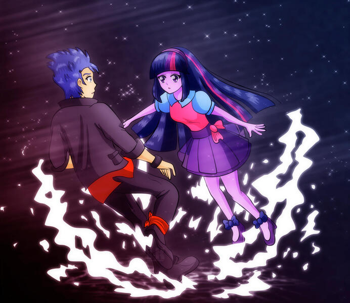 Size: 1600x1388 | Tagged: safe, artist:jotakaanimation, derpibooru import, flash sentry, twilight sparkle, human, equestria girls, clothes, couple, female, flashlight, floating, high heels, humanized, male, shipping, shoes, skirt, straight