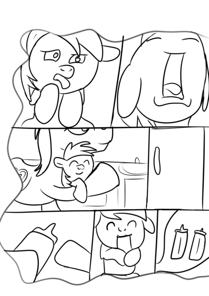 Size: 2480x3508 | Tagged: safe, artist:jbond, derpibooru import, big macintosh, bright mac, pony, comic:applebuck, baby, baby pony, comic, crying, diaper, dream, milk, monochrome, refrigerator