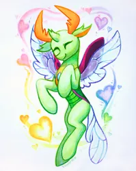 Size: 900x1132 | Tagged: artist:dawnfire, changedling, changeling, cute, derpibooru import, eyes closed, flying, heart, hooves, king thorax, safe, smiling, solo, spread wings, thorabetes, thorax, weapons-grade cute, wings
