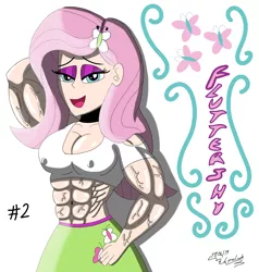 Size: 2500x2623 | Tagged: suggestive, artist:lyruzlavh, derpibooru import, fluttershy, human, equestria girls, equestria girls series, abs, belly button, biceps, big breasts, breasts, cleavage, clothes, collar, erect nipples, eyelashes, eyeshadow, female, fetish, hairpin, looking at you, makeup, midriff, muscle fetish, muscle growth, muscles, muscleshy, muscular female, nipple outline, short shirt, skirt, smiling, smiling at you, text, vein