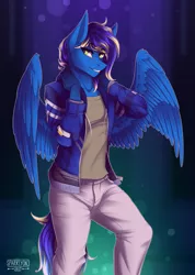 Size: 3200x4500 | Tagged: alternate version, anthro, artist:sparklyon3, clothes, commission, derpibooru import, male, oc, oc:m3, pegasus, rcf community, safe, solo