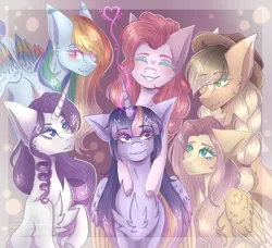 Size: 2622x2390 | Tagged: safe, artist:shadow-nights, derpibooru import, applejack, fluttershy, pinkie pie, rainbow dash, rarity, twilight sparkle, twilight sparkle (alicorn), alicorn, earth pony, pegasus, pony, unicorn, big ears, female, heart, mane six, mare, smiling