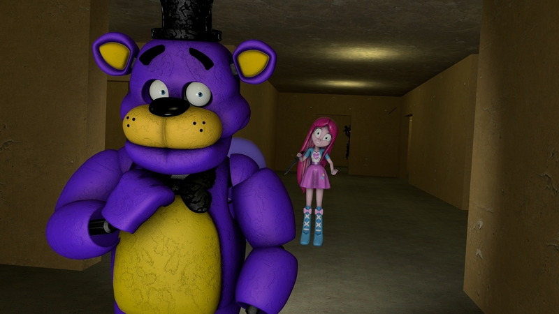 Size: 2065x1162 | Tagged: semi-grimdark, artist:fazbearsparkle, derpibooru import, pinkie pie, oc, equestria girls, 3d, creepypasta, crossover, evil oc, fear, five nights at freddy's, freddy fazbear, knife, non-mlp oc, non-pony oc, panic, pinkamena diane pie, source filmmaker