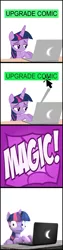 Size: 2000x8000 | Tagged: safe, artist:mrkat7214, derpibooru import, twilight sparkle, twilight sparkle (alicorn), alicorn, pony, comic:twilight vs. computer, 2d, 3d, art shift, comic, computer, cursor, laptop computer, magic, sfm pony, shocked, solo, source filmmaker, upgrade