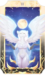 Size: 750x1250 | Tagged: anthro, artist:d-sixzey, card, clothes, derpibooru import, eyes closed, female, gold, high priestess, hippogriff, moon, oc, oc:kalinka, praise the moon, princess luna, robe, safe, see-through, solo, tarot card, unofficial characters only, wings