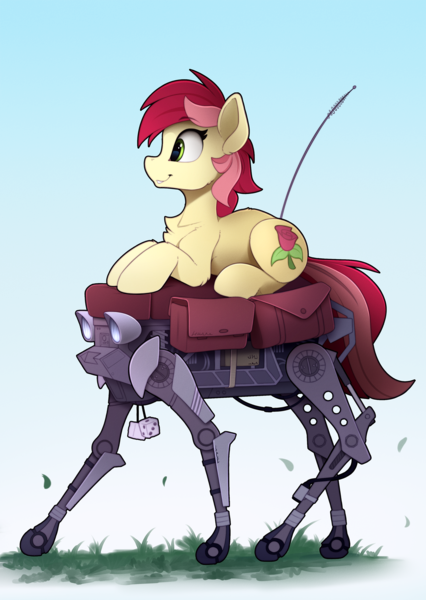 Size: 1720x2425 | Tagged: safe, artist:yakovlev-vad, derpibooru import, roseluck, earth pony, pony, robot, big dog, boston dynamics, chest fluff, cute, cuteluck, dice, ear fluff, female, fuzzy dice, leg fluff, mare, profile, prone, riding, solo