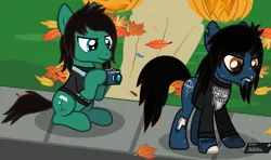 Size: 2284x1349 | Tagged: safe, artist:lightningbolt, derpibooru import, ponified, ponified:oliver sykes, earth pony, pony, undead, zombie, zombie pony, .svg available, angry, autumn, bags under eyes, blood, bloodshot eyes, bone, bring me the horizon, brothers, camera, clothes, colored pupils, drop dead clothing, duo, eyes on the prize, fangs, grass, grin, halloween, holiday, hoof hold, jack-o-lantern, leaves, letter, lip piercing, long sleeves, male, nosebleed, outdoors, photo, piercing, pumpkin, rainbow blood, scar, shirt, siblings, sitting, smiling, stallion, standing, stitches, svg, t-shirt, tom sykes, torn ear, vector