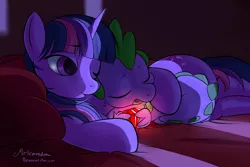 Size: 6000x4000 | Tagged: safe, artist:mricantdraw, derpibooru import, spike, twilight sparkle, dragon, pony, unicorn, bed, chest fluff, cute, duo, female, gem, glow, horn, hug, lying down, male, mama twilight, night, pillow, ruby, sleeping together, snuggling, spikelove, sweet dreams fuel, unicorn twilight