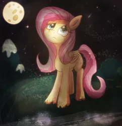 Size: 1503x1555 | Tagged: safe, artist:amura-of-jupiter, derpibooru import, fluttershy, pegasus, pony, folded wings, full moon, looking up, melancholy, moon, mountain, night, river, solo, stars, unhappy, wings