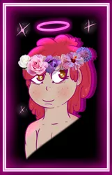 Size: 643x1000 | Tagged: artist:lazerblues, blushing, derpibooru import, floral head wreath, flower, oc, oc:pear, offspring, parent:apple bloom, safe, satyr, solo, unofficial characters only