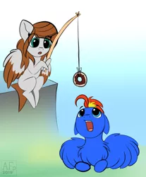 Size: 2612x3150 | Tagged: safe, artist:airfly-pony, derpibooru import, oc, oc:scarlett drop, oc:wing hurricane, pegasus, pony, chibi, cute, donut, fishing rod, food, rcf community, shipping