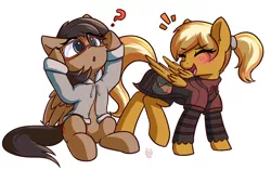 Size: 3550x2229 | Tagged: safe, artist:rivibaes, derpibooru import, oc, oc:coffee creme, oc:quillwright, unofficial characters only, pegasus, pony, blushing, clothes, clothes swap, female, glasses, hoodie, mare, ponytail, scribe robe, sitting