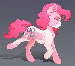 Size: 1368x1203 | Tagged: safe, artist:evehly, derpibooru import, pinkie pie, earth pony, pony, :p, alternate design, chest fluff, coat markings, cropped, cute, diapinkes, ear fluff, eyes closed, female, gradient background, gray background, leg fluff, mare, pinto, ponk, profile, simple background, smiling, solo, tongue out
