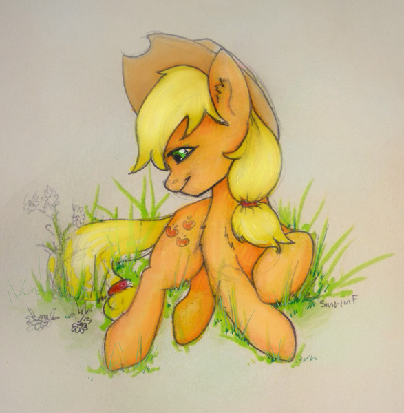 Size: 1252x1280 | Tagged: safe, artist:flysouldragon, derpibooru import, applejack, earth pony, pony, cowboy hat, female, grass, hat, mare, marker drawing, sketch, solo, traditional art