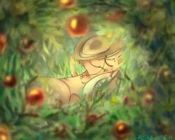Size: 1500x1200 | Tagged: safe, artist:roya, derpibooru import, applejack, earth pony, pony, apple, cowboy hat, cute, eyes closed, female, food, grass, hat, jackabetes, mare, mouth hold, on back, sleeping, smiling, solo, stetson, straw, straw in mouth, tree