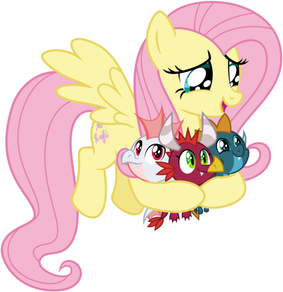 Size: 6000x6186 | Tagged: safe, artist:pirill, derpibooru import, baby cinder, baby rubble, baby sparks, fluttershy, dragon, pegasus, pony, sweet and smoky, .ai available, absurd resolution, baby, baby dragon, cute, dragoness, female, flying, male, mare, shyabetes, simple background, transparent background, vector