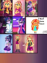 Size: 1800x2400 | Tagged: safe, artist:artmlpk, derpibooru import, sci-twi, spike, spike the regular dog, sunset shimmer, twilight sparkle, dog, eqg summertime shorts, equestria girls, equestria girls series, forgotten friendship, how to backstage, mad twience, spring breakdown, spoiler:eqg series (season 2), clothes, cute, frame, geode of empathy, geode of telekinesis, glasses, lab coat, lots of characters, magical geodes, male, pajamas, photo, ponied up, ponytail, scitwilicorn, shimmerbetes, skirt, spikabetes, twiabetes, wings