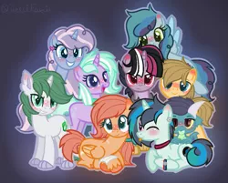Size: 1081x867 | Tagged: safe, artist:king-justin, derpibooru import, oc, oc:cupcake, oc:emerald, oc:ignitus, oc:johnny appleseed, oc:loki, oc:musicpop, oc:party popper, oc:snowflake glimmer, oc:sweet apple, unofficial characters only, dracony, dragon, earth pony, hybrid, pegasus, pony, unicorn, bandage, base used, blushing, choker, claw hooves, draconequus hybrid, dragon oc, female, freckles, horns, interspecies offspring, looking at you, male, mare, next gen mane six, next generation, offspring, one eye closed, outline, parent:applejack, parent:big macintosh, parent:caramel, parent:cheese sandwich, parent:discord, parent:double diamond, parent:fluttershy, parent:garble, parent:neon lights, parent:pinkie pie, parent:pokey pierce, parent:princess ember, parent:rainbow dash, parent:rarity, parent:spike, parent:starlight glimmer, parent:twilight sparkle, parent:vinyl scratch, parents:carajack, parents:cheesedash, parents:discolight, parents:emble, parents:fluttermac, parents:glimmerdiamond, parents:pokeypie, parents:sparity, parents:vinylights, prone, purple background, simple background, smiling, stallion, tongue out, wink, wristband