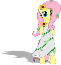 Size: 3611x3862 | Tagged: safe, artist:albert238391, derpibooru import, fluttershy, pegasus, pony, beautiful, bipedal, clothes, cute, dress, female, flower, flower in hair, hooves behind back, leaves, mare, shadow, shyabetes, simple background, smiling, solo, standing, sunflower, transparent background, vector