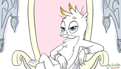 Size: 1184x678 | Tagged: safe, artist:foudubulbe, derpibooru import, gallus, gryphon, chest fluff, crossed legs, king gallus, lidded eyes, male, smiling, smug, solo, throne, zero fucks given