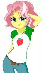 Size: 835x1388 | Tagged: safe, artist:rosemile mulberry, derpibooru import, applejack, vignette valencia, equestria girls, equestria girls series, rollercoaster of friendship, beauty mark, bedroom eyes, belt, clothes, clothes swap, female, jeans, pants, shirt, simple background, smiling, solo, t-shirt, white background