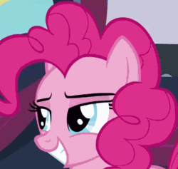 Size: 673x639 | Tagged: safe, derpibooru import, edit, edited screencap, editor:damaged, screencap, pinkie pie, earth pony, pony, the mane attraction, animated, cropped, eyebrow wiggle, female, gif, loop, mare, she knows, solo
