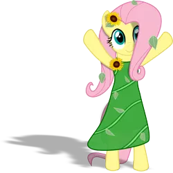 Size: 3860x3862 | Tagged: safe, artist:albert238391, derpibooru import, fluttershy, pegasus, pony, beautiful, bipedal, clothes, cute, dress, female, flower, flower in hair, hooves in air, leaves, mare, shadow, shyabetes, simple background, smiling, solo, standing, sunflower, transparent background, vector