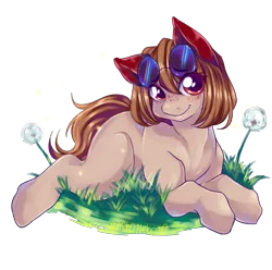 Size: 3543x3508 | Tagged: safe, artist:yamikonek0, derpibooru import, oc, oc:yamiko, earth pony, pony, chubby, earth, glasses, grass, ponysona, red eyes, small