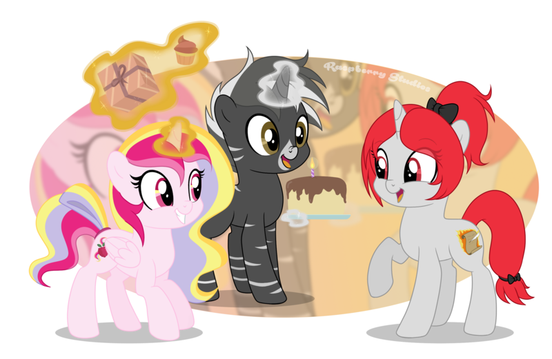 Size: 2719x1772 | Tagged: safe, artist:raspberrystudios, derpibooru import, oc, oc:aurelia charm, oc:final verse, oc:miss final verse, oc:shadow strike, unofficial characters only, alicorn, hybrid, pony, zony, alicorn oc, birthday, birthday cake, bow, cake, commission, cupcake, food, horn, present, wings