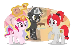 Size: 2719x1772 | Tagged: safe, artist:raspberrystudios, derpibooru import, oc, oc:aurelia charm, oc:final verse, oc:miss final verse, oc:shadow strike, unofficial characters only, alicorn, hybrid, pony, zony, alicorn oc, birthday, birthday cake, bow, cake, commission, cupcake, food, horn, present, wings