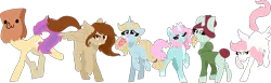 Size: 2593x800 | Tagged: safe, artist:nootaz, derpibooru import, oc, oc:kelly, oc:paper bag, oc:red, oc:scoops, oc:sugar morning, oc:taffeta, unofficial characters only, pegasus, pony, unicorn, bubble tea, female, food, jewelry, mare, necklace, paper bag, pizza, simple background, tail bun, transparent background
