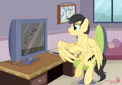 Size: 2962x2059 | Tagged: safe, artist:raspberrystudios, derpibooru import, oc, oc:assetto-forza massimo, unofficial characters only, pegasus, pony, commission, desk, forza motorsport 6, photo frame, television, wing hands, wings, xbox
