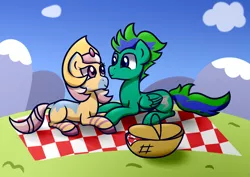Size: 1500x1060 | Tagged: artist:daromius, basket, cresselia, cute, cygale, derpibooru import, eye contact, female, looking at each other, male, oc, oc:cygnus, oc:gale twister, oc x oc, outdoors, picnic, picnic blanket, pokémon, ponymon, safe, shipping, straight, unofficial characters only, zebra, zebra oc