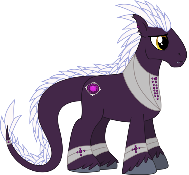 Size: 3432x3186 | Tagged: safe, artist:lightningbolt, derpibooru import, oc, oc:praetura amethyst, unofficial characters only, original species, pony, subterranean pony, .svg available, bags under eyes, commission, ear fluff, fangs, gem, jewelry, leonine tail, lidded eyes, male, prince, simple background, solo, stallion, svg, transparent background, unshorn fetlocks, vector